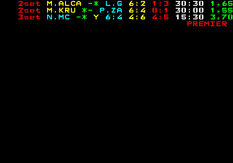 663.1 1set L.NGUY *- S.VAN E 4:4 30:15 2set G.VILL -* M.S 7:6 1:0 30:00 1,40 1set S.LATI *- M.JONES 1:1 15:00 PREMIER