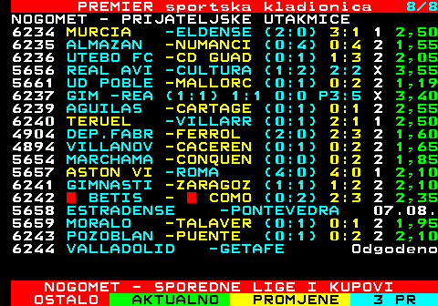 666.8 PREMIER sportska kladionica 8 8 NOGOMET - PRIJATELJSKE UTAKMICE 6234 MURCIA -ELDENSE (2:0) 3:1 1 2,50 6235 ALMAZAN -NUMANCI (0:4) 0:4 2 1,55 6236 UTEBO FC -CD GUAD (0:1) 1:3 2 2,05 5656 REAL AVI -CULTURA (1:2) 2:2 X 3,55 5661 UD POBLE -MALLORC (0:1) 0:2 2 1,19 6237 GIM -REA (1:1) 1:1 0:0 P3:5 X 3,40 6239 AGUILAS -CARTAGE (0:1) 0:1 2 2,55 6240 TERUEL -VILLARR (0:1) 2:1 1 2,50 4904 DEP.FABR -FERROL (2:0) 2:3 2 1,60 4894 VILLANOV -CACEREN (0:1) 0:2 2 1,65 5654 MARCHAMA -CONQUEN (0:0) 0:2 2 1,85 5657 ASTON VI -ROMA (4:0) 4:0 1 2,10 6241 GIMNASTI -ZARAGOZ (1:1) 1:2 2 2,10 6242  BETIS -  COMO (0:2) 2:3 2 2,35 5658 ESTRADENSE -PONTEVEDRA 07.08. 5659 MORALO -TALAVER (0:1) 0:1 2 1,95 6243 POZOBLAN -PUENTE (0:1) 0:2 2 2,10 6244 VALLADOLID -GETAFE Odgodeno NOGOMET - SPOREDNE LIGE I KUPOVI