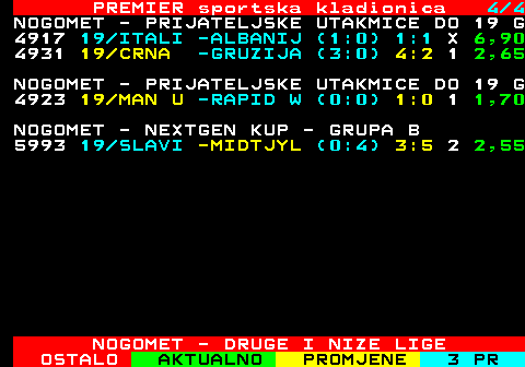 667.4 PREMIER sportska kladionica 4 4 NOGOMET - PRIJATELJSKE UTAKMICE DO 19 G 4917 19 ITALI -ALBANIJ (1:0) 1:1 X 6,90 31  19 CRNA -GRUZIJA (-:-) 2 : 0 2,65 NOGOMET - PRIJATELJSKE UTAKMICE DO 19 G 4923 19 MAN U -RAPID W (0:0) 1:0 1 1,70 NOGOMET - NEXTGEN KUP - GRUPA B 5993 19 SLAVI -MIDTJYL (0:4) 3:5 2 2,55 NOGOMET - DRUGE I NIZE LIGE