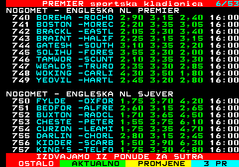 673.6 PREMIER sportska kladionica 6 41 NOGOMET - ENGLESKA NL PREMIER 745 SOLIHU -FORES 3,55 3,30 2,00 16:00 746 TAMWOR -SCUNT 2,10 3,35 3,30 16:00 747 WEALDS -TRURO 2,35 3,30 2,85 16:00 748 WOKING -CARLI 4,70 3,60 1,70 16:00 749 YEOVIL -HARTL 2,45 3,20 2,80 16:00 NOGOMET - ENGLESKA NL SJEVER 750 FYLDE -OXFOR 1,75 3,70 4,20 16:00 751 BEDFOR -ALFRE 2,60 3,15 2,65 16:00 752 BUXTON -RADCL 1,75 3,60 4,30 16:00 753 CHESTE -PETER 1,55 3,75 6,10 16:00 754 CURZON -LEAMI 1,75 3,35 4,70 16:00 755 DARLIN -CHORL 2,80 3,15 2,45 16:00 756 KIDDER -SCARB 1,50 3,90 6,30 16:00 757 KING S -TELFO 1,75 3,30 4,80 16:00 758 MACCLE -WORKS 1,95 3,55 3,45 16:00 759 MERTHY -SOUTH 2,20 3,25 3,20 16:00 760 SOUTH -MARIN 2,45 3,25 2,75 16:00 761 SPENNY -HEREF 2,20 3,20 3,20 16:00 IZDVAJAMO IZ PONUDE ZA SUTRA