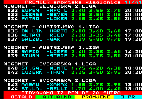 673.11 PREMIER sportska kladionica 11 41 NOGOMET - BELGIJSKA 2.LIGA 832 EUPEN -RFC L 2,40 3,55 2,70 20:00 833 LIERSE -BEVER 3,35 3,50 2,05 20:00 834 PATRO -LOKER 2,05 3,45 3,50 20:00 NOGOMET - AUSTRIJSKA 1.LIGA 835 BW LIN -HARTB 2,00 3,60 3,60 17:00 836 ALTACH -RIED 2,20 3,35 3,40 17:00 837 SALZBU -GAK 1,29 5,80 9,70 19:30 NOGOMET - AUSTRIJSKA 2.LIGA 838 RAPID -LIEFE 2,40 3,85 2,60 14:30 839 STURM -STRIP 2,55 3,75 2,50 20:00 NOGOMET - SVICARSKA 1.LIGA 840 ST.GAL -WINTE 1,75 4,20 4,30 18:00 842 LUZERN -THUN 2,35 3,50 2,95 20:30 NOGOMET - SVICARSKA 2.LIGA 843 AARAU -XAMAX 1,85 3,75 3,95 18:00 844 ST.LAU -BELLI 1,70 4,00 4,40 18:00 IZDVAJAMO IZ PONUDE ZA SUTRA