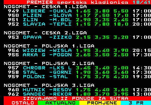 673.18 PREMIER sportska kladionica 18 41 NOGOMET - CESKA 1.LIGA 949 LIBERE -DUKLA 1,65 3,80 5,50 17:00 950 PLZEN -SLOVA 1,17 7,50 17,0 17:00 951 ZLIN -M.BOL 2,90 3,35 2,45 17:00 952 SLAVIA -TEPLI 1,15 7,80 18,0 20:00 NOGOMET - CESKA 2.LIGA 953 OPAVA -ZIZKO 2,15 3,35 3,20 17:00 NOGOMET - POLJSKA 1.LIGA 954 WIDZEW -WISLA 1,95 3,40 3,90 20:15 955 ARKA G -POGON 2,65 3,50 2,50 17:30 NOGOMET - POLJSKA 2.LIGA 957 CHROBR -LKS L 3,45 3,40 2,00 14:30 958 STAL -GORNI 1,90 3,60 3,60 17:30 959 POLONI -STAL 1,75 3,75 4,20 19:30 NOGOMET - POLJSKA 3.LIGA 960 HUTNIK -RESOV 1,75 4,40 3,65 12:30 962 SANDEC -REKOR 1,80 3,70 3,95 13:00 IZDVAJAMO IZ PONUDE ZA SUTRA
