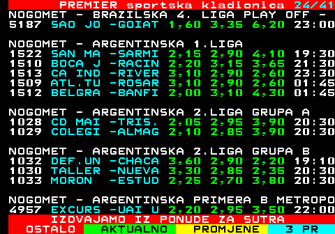 673.24 PREMIER sportska kladionica 24 41 NOGOMET - BRAZILSKA 4. LIGA PLAY OFF - 5187 SAO JO -GOIAT 1,60 3,35 6,20 23:00 NOGOMET - ARGENTINSKA 1.LIGA 1522 SAN MA -SARMI 2,15 2,90 4,10 19:30 1510 BOCA J -RACIN 2,20 3,15 3,65 21:30 1513 CA IND -RIVER 3,10 2,90 2,60 23:30 1509 ATL.TU -ROSAR 3,10 2,90 2,60 01:45 1512 BELGRA -BANFI 2,00 3,10 4,30 01:45 NOGOMET - ARGENTINSKA 2.LIGA GRUPA A 1028 CD MAI -TRIS. 2,05 2,95 3,90 20:30 1029 COLEGI -ALMAG 2,10 2,85 3,90 20:30 NOGOMET - ARGENTINSKA 2.LIGA GRUPA B 1032 DEF.UN -CHACA 3,60 2,90 2,20 19:10 1030 TALLER -NUEVA 3,30 2,85 2,35 20:30 1033 MORON -ESTUD 2,25 2,70 3,80 20:30 NOGOMET - ARGENTINSKA PRIMERA B METROPO 4957 EXCURS -UAI U 2,20 2,95 3,50 22:00 IZDVAJAMO IZ PONUDE ZA SUTRA