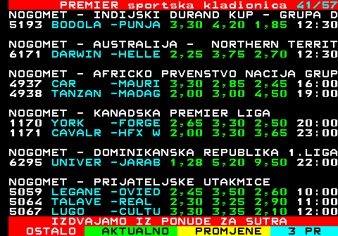 673.41 PREMIER sportska kladionica 41 41 LOTO - BELGIJSKI (6 OD 45) 64. KOLO (09.08.2025, SUBOTA 20:10 LOTO - TALIJANSKI (6 OD 90) 127. KOLO (09.08.2025, SUBOT 20:00 LOTO - POLJSKI MULTI (20 OD 80) 441. KOLO (09.08.2025, 13:55 13:55 442. KOLO (09.08.2025, 21:40 21:40 LOTO - WASHINGTON (6 OD 49) 95. KOLO (10.08.2025, NEDJEL 04:00 LOTO - NEW YORK (6 OD 59) 64. KOLO (10.08.2025, NEDJEL 02:00 IZDVAJAMO IZ PONUDE ZA SUTRA